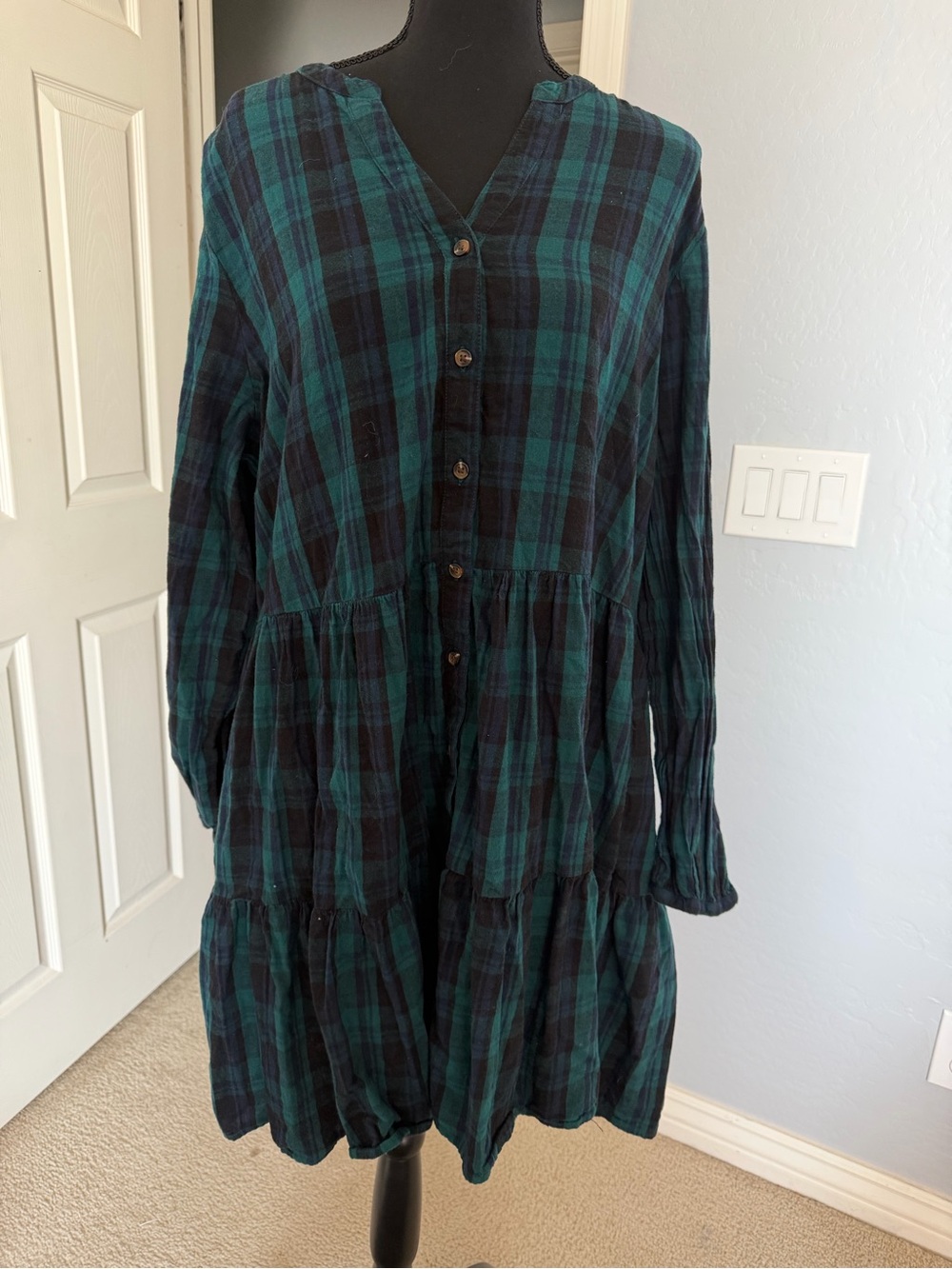 Teal and Black Plaid Shirt Dress